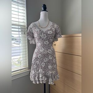 Floral V-Neck Mini Dress in Cream and Burgundy